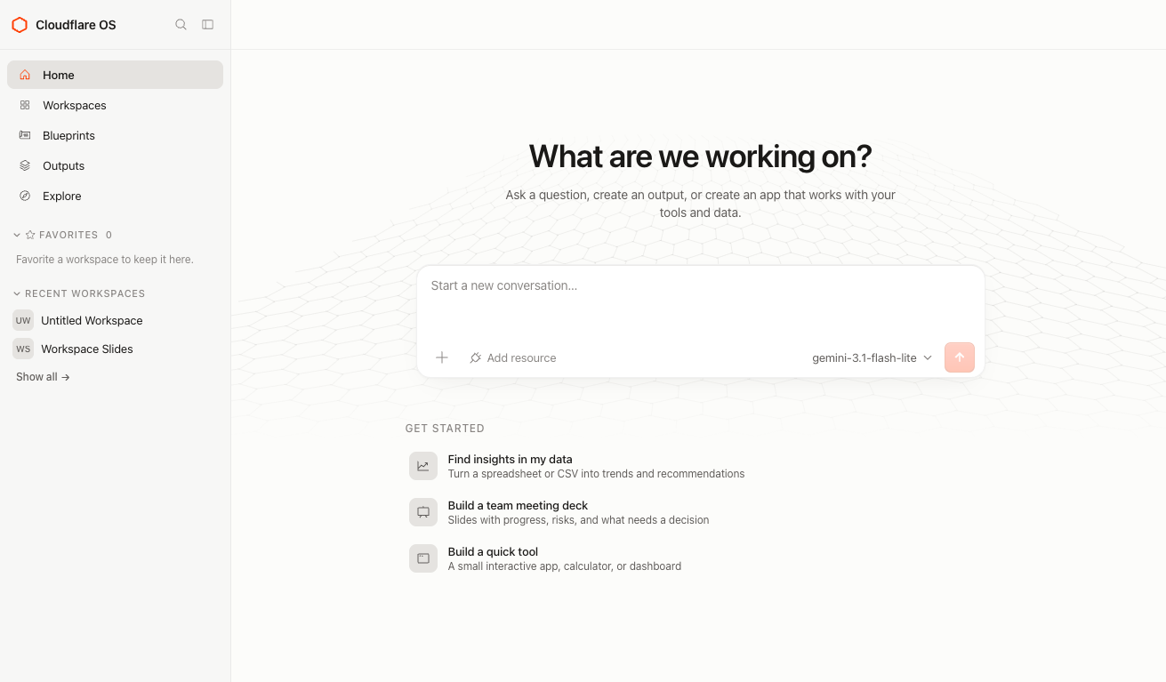 Cloudflare OS のホーム画面。チャット入力欄とモデル選択、Get Started の項目が並ぶ