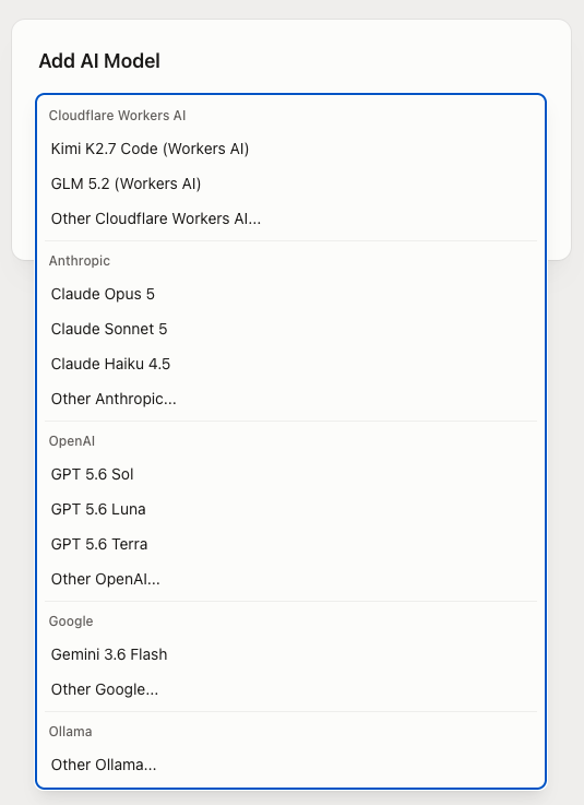 Add AI Model の画面。Workers AI / Anthropic / OpenAI / Google / Ollama のモデルが並ぶ